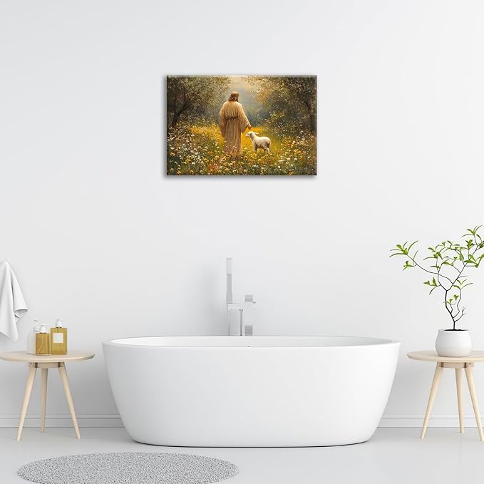 Olivine Christian Wall Art, Jesus Pictures Wall Decor, Lamb Painting, The Lost Sheep Canvas Prints, Framed Artwork for Kitchen Bathroom Bedroom Living Room Office Home Decoration 24"x16"