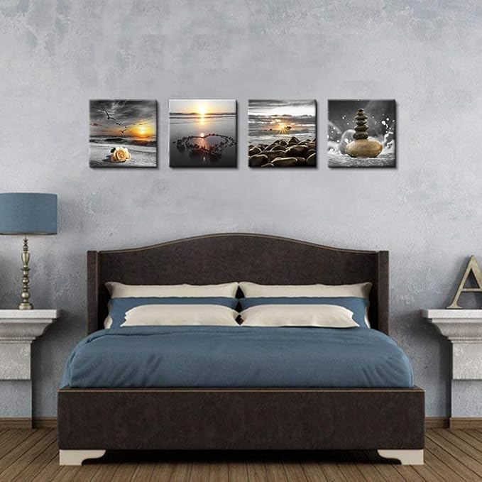 Bamdeya Beach Wall Art Canvas Zen Prints Art Black and White Wall Decor Gold Sea Sunset Seascape Wall Pictures Ocean Sunrise Love Painting for Living Room Bathroom Decor Home Decoration Framed