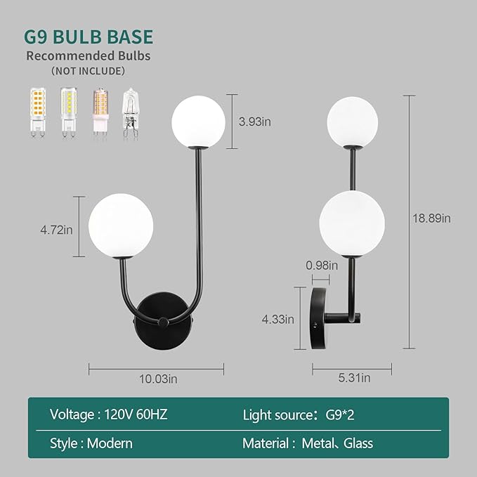 Milk Glass Wall Sconce Black Wall Sconces Set of Two Mid Century Modern Sconces Wall Lighting 2 Light Globe Sconce for Bedroom Living Room Hallway Wall Light Fixtures