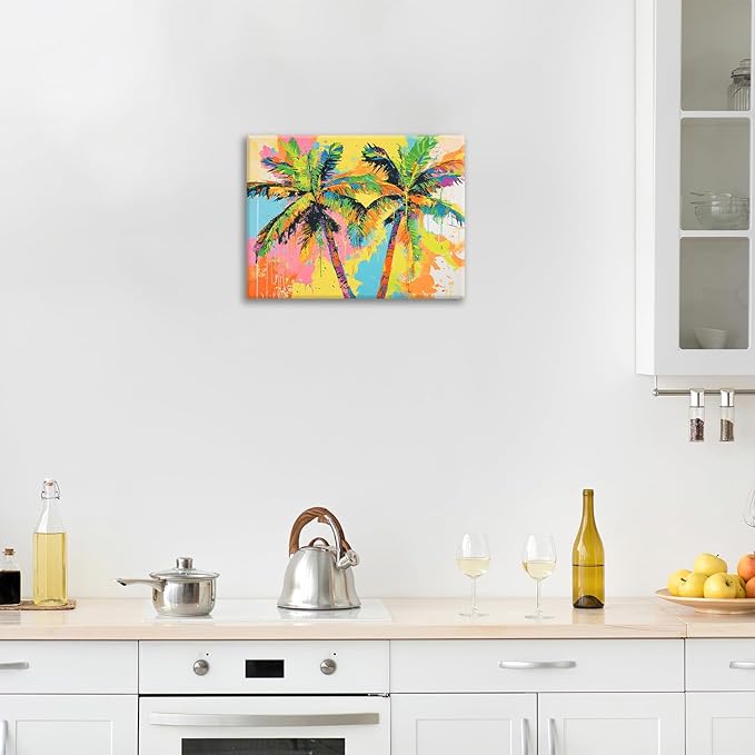 Olivine Tropical Wall Art, Palm Tree Pictures Wall Decor, Graffiti Painting, Colorful Summer Canvas Prints, Framed Artwork for Bathroom Living Room Bedroom Office Home Decoration 16"x12"