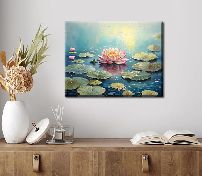 Pink Lotus Wall Art Prints,Framed Watercolor Lotus Flower Print Wall Art for Zen Office Decor Wall Art,Botanical Canvas Art Print for Bathroom Home Office Living Room Yoga Decor(12" x16)
