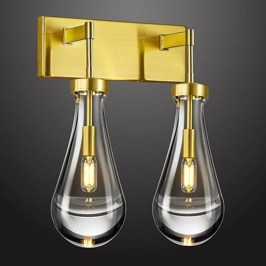 Raindrop Wall Sconces Gold Crystal Sconces Wall Decor Modern Brass Lighting Glass Bathroom Sconces Indoor Vanity Light Wall Lamp for Bedroom Living Room Stair(2-Light)
