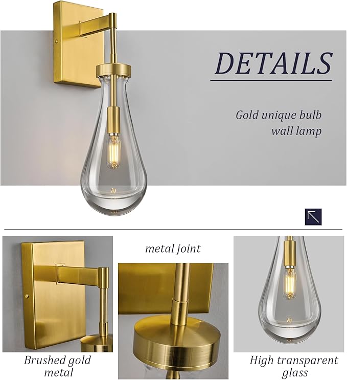 Raindrop Wall Sconces Gold Sconces Wall Decor Modern Brass Wall Lighting Glass Bathroom Sconces Indoor Vanity Light Wall Lamp for Bedroom Living Room Stair (1 Pack)