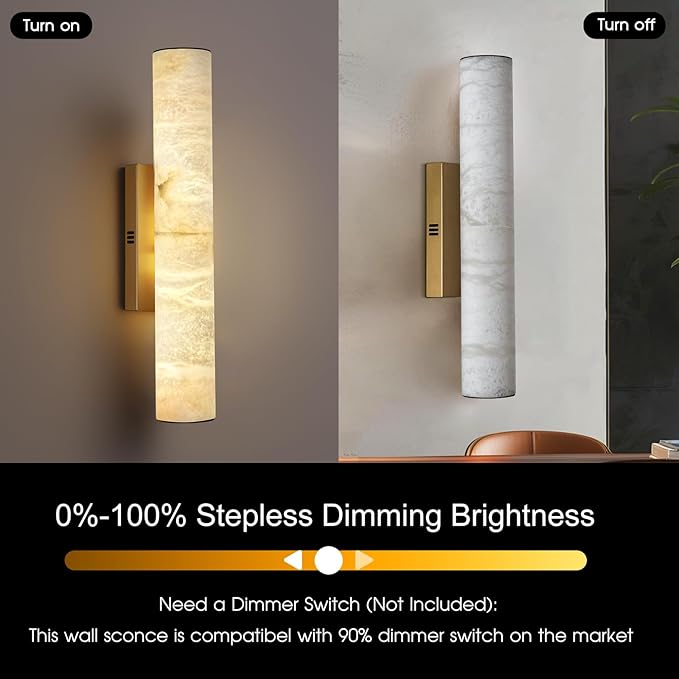 Alabaster Wall Sconces Gold, Spanish Natural Marble Wall Sconce, 20" Brass Wall Sconce for Bathroom, Indoor Stone Wall Sconces Dimmable, Alabaster Wall Light for Living Room, Bedroom, Hallway, Stairs