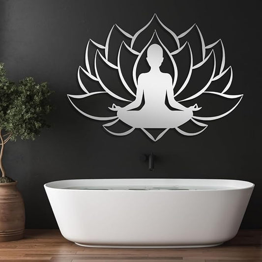 Veplsur Lotus Flower Decor, Metal Zen Wall Art, Yoga Zen Sign Decorative, Yoga Decor, Lotus Wall Hanging, Meditation Wall Art, Symmetry Art, Yoga Studio Decor, Home Decor (Silver, 48"x35"|121x88cm)