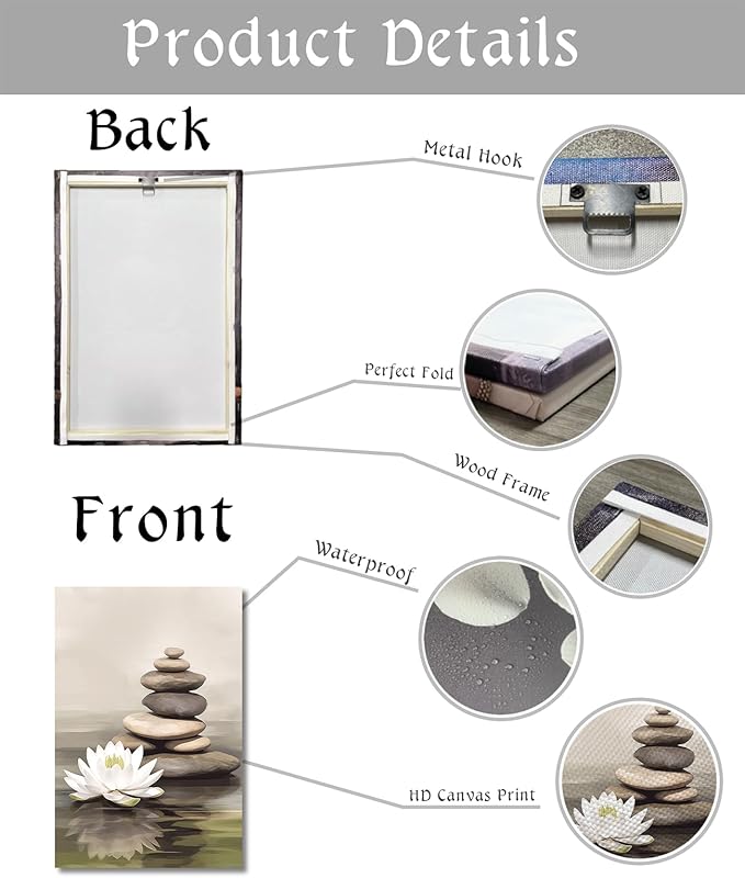 KPLUNDO Zen Wall Art Lotus Canvas Print Bathroom Decor Spa Stone Picture Meditation Painting Vintage Artwork for Spiritual Room Living Room Office Modern Home Decor Frame(Art-3,24.00x36.00 inch)