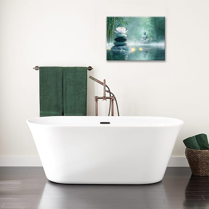 Olivine Zen Decor Wall Art, Lotus Pictures Wall Decor, Stones Flower Bloom Canvas Prints Painting, Framed Artwork for Meditation Bathroom Bedroom Living Room Office Home Decoration 16"x12"