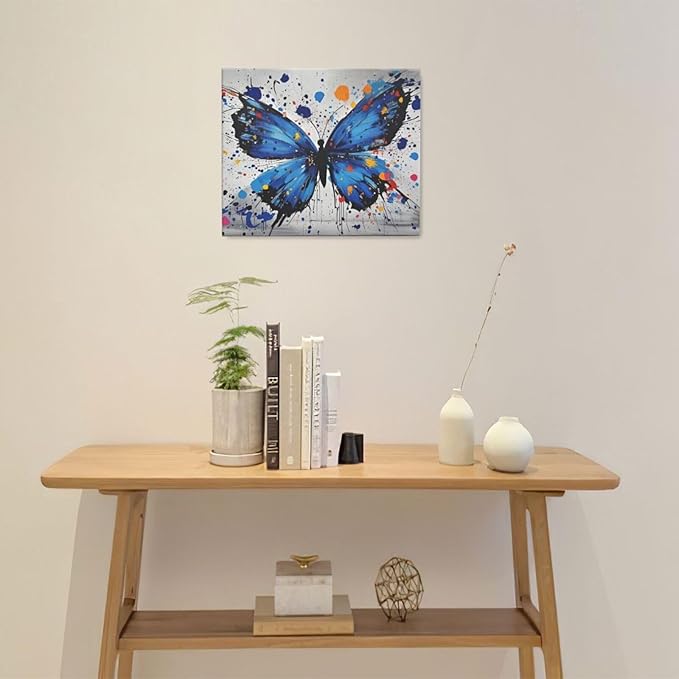 Banksy Butterfly Wall Art Blue Butterfly Street Art Graffiti Wall Decor Pictures Painting Canvas Artwork Framed Decoration Gifts for Women Girl Living Room Bedroom Office 20"x24"