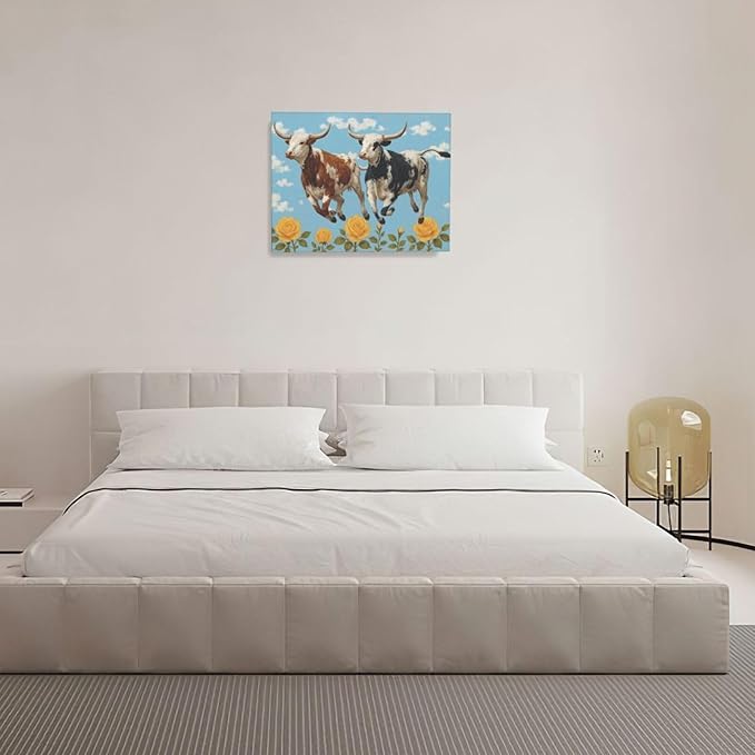 Longhorn Wall Decor Funny Cow Canvas Wall Art Cute Cattle Pictures Painting Artwork Framed Decoration for Bedroom Bathroom Living Room Kitchen Dining Room Office 16"x20"