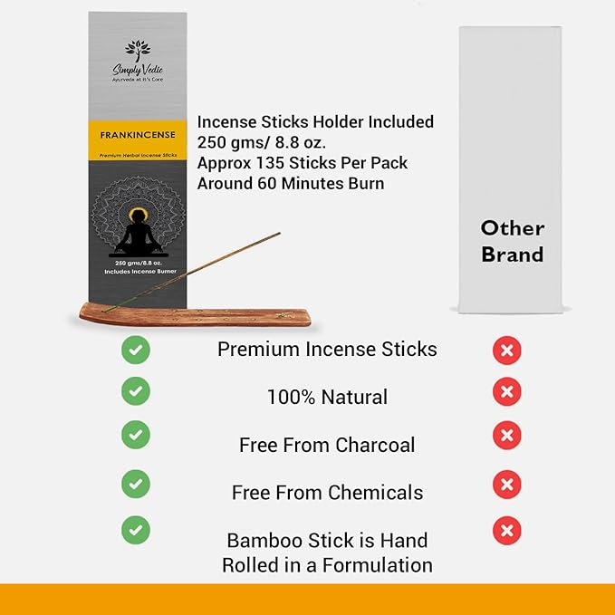 Frankincense Incense Sticks 250g | 135 Long-Lasting Natural Hand-Rolled Sticks + Holder | No Charcoal, 60 Min Burn | Aromatherapy, Yoga, Meditation, Spiritual Healing, Home Fragrance