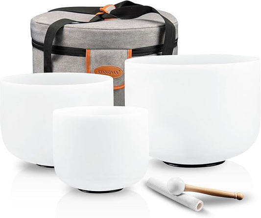 RYAN DVAN 432HZ Crystal Singing Bowl Set of 3, 6" B Crown, 7" A Third Eye, 8" G Throat with Case Suede Striker & O-Ring Sound Therapy for Yoga, Reiki, Chakra Healing Energy Tuning & Mindfulness Kit