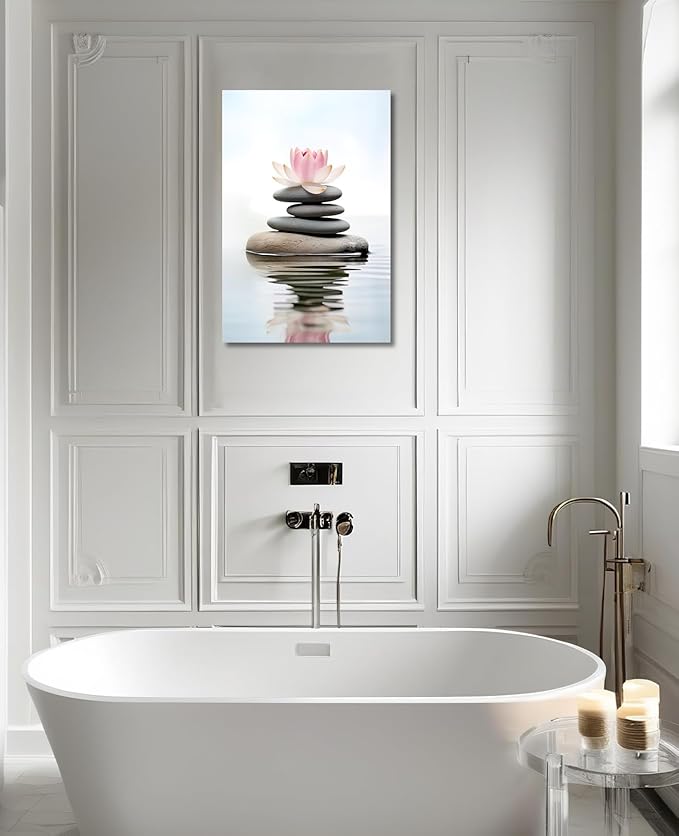 KPLUNDO Lotus Wall Art Zen Canvas Print Wall Decor Spa Stones on Wahter Picture Meditation Painting Relax Artwork for Bathroom Living Room Modern Home Decor Frame(Art-1,24.00x36.00 inch)