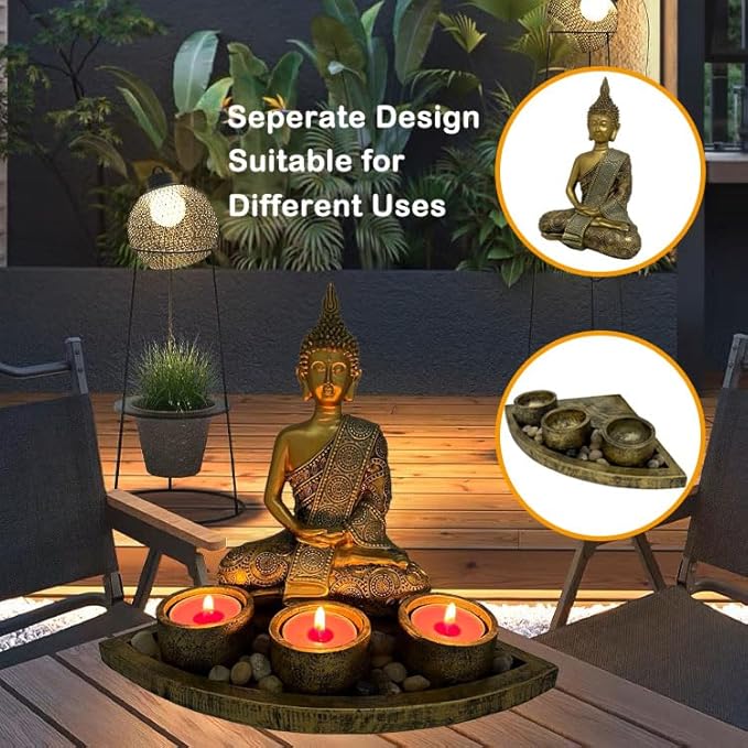 ARTCOS Meditating Buddha with 3 Tealight Candle Holder Base Sitting Zen Buddha Statue for Spiritual Room Décor Buda Sculpture Home Decoration for Peace and Harmony (Antique Gold)