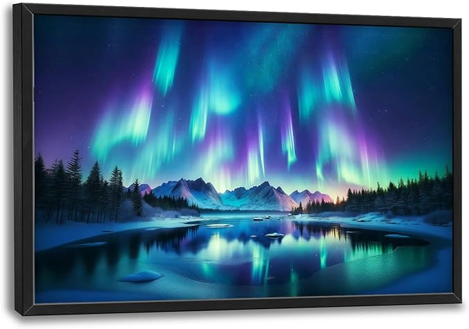 Glocmna Large Wall Art for Living Room Northern Lights Canvas Wall Decor Nature Aurora Borealis Landscape Pictures Painting Print Northern Europe Scenery Framed Artwork Decorations Gifts for Bedroom Home Office Hotel 24"x36"