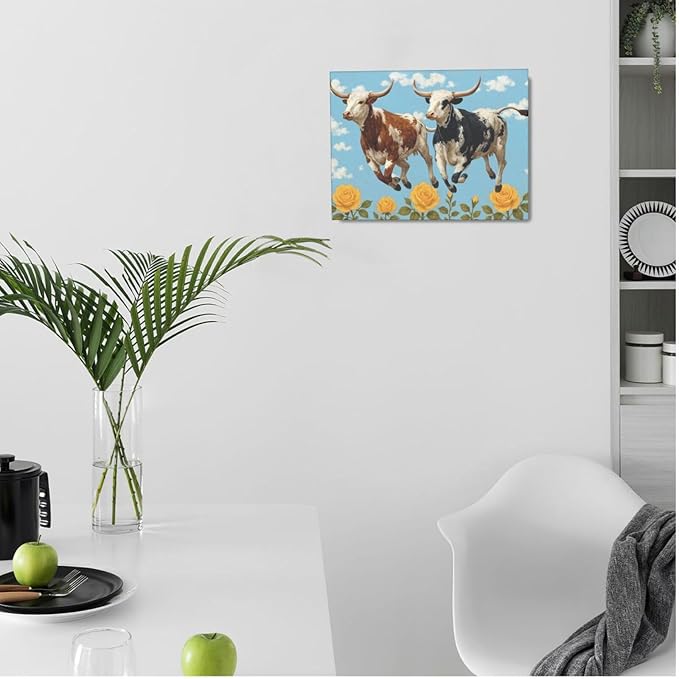 Longhorn Cow Wall Decor Funny Cow Canvas Wall Art Cute Cattle Pictures Painting Artwork Framed Decoration for Bedroom Bathroom Living Room Kitchen Dining Room Office 12"x16"