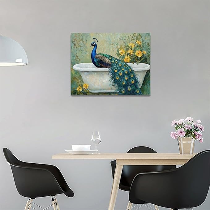 Fleruku Vintage Peacock Wall Art Elegance Bathroom Wall Decor Green Peacock Pictures Canvas Painting Artwork Home Decorations for Living Room Bedroom Office 16"x12"