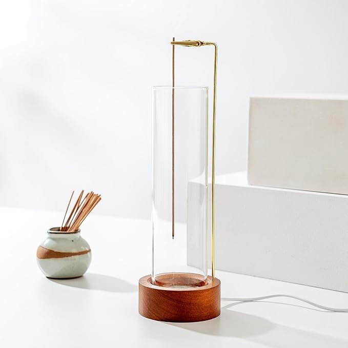 Incense Holder for Sticks, USB Powered Luminous Base, Anti-Ash Flying Incense Burner with 30 Incense Sticks, Detachable Glass Ash Catcher