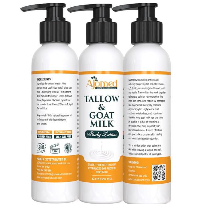 Tallow & Goat Milk Body Lotion for Sensitive Skin, Organic moisturizing Lotion - Soothes Dry skin, Goat Milk face and body Moisturizer - Handmade Tallow for skin cream (12 OZ, Sandalwood Vanilla)