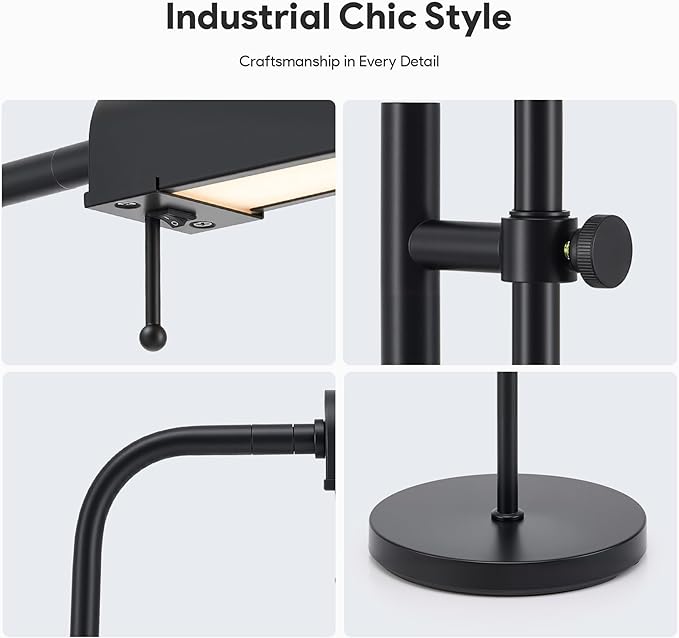 VONLUCE LED Floor Lamp, 62.5" Industrial Floor Lamp for Living Room with Adjustable Height Swing Arm Head 3 Color Temperatures, Metal Standing Pole Lamp for Bedroom Reading, Black