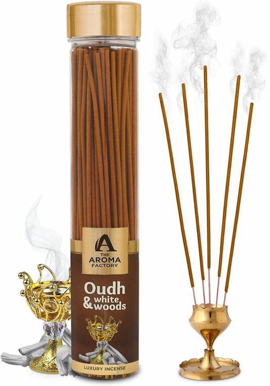 The Aroma Factory Organic Incense Sticks Oudh & White Woods (Herbal Oud Agarbatti for Pooja) 0% Charcoal, 0% Sulphates, 1 x 100g Bottle