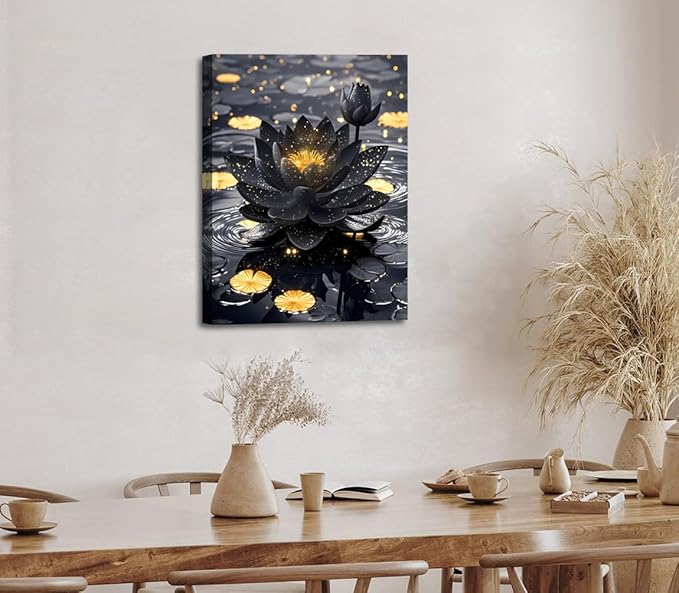 Lotus Floral Wall Art for Zen Office Decor Wall Art,Framed Black and Gold Lotus Flower Painting Artwork,Modern Meditation Poster Yoga SPA Room Bathroom Home Decor(12"x16")
