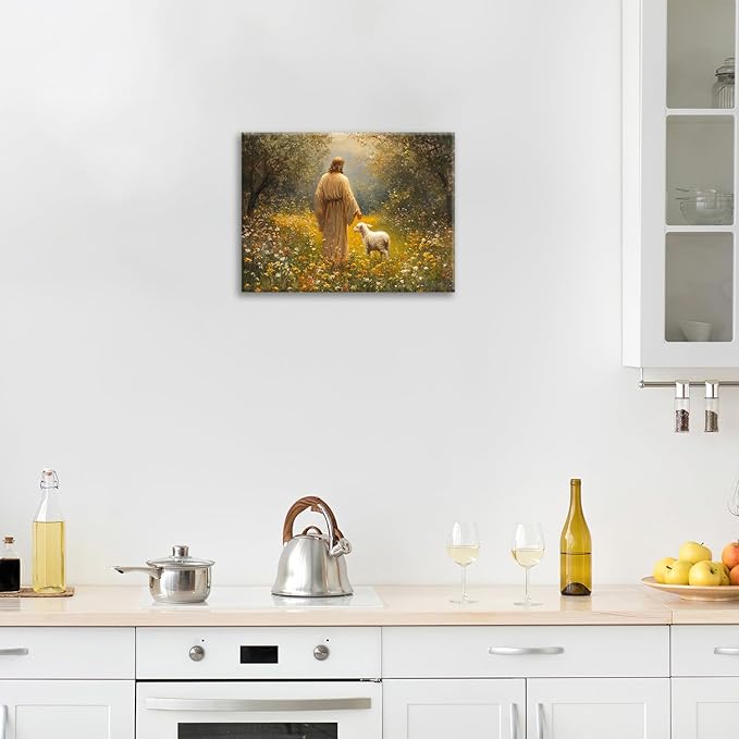 Olivine Christian Wall Art, Jesus Pictures Wall Decor, Lamb Painting, The Lost Sheep Canvas Prints, Framed Artwork for Kitchen Bathroom Bedroom Living Room Office Home Decoration 20"x16"