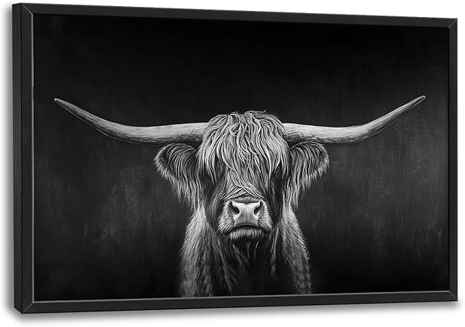 SweetFox Extra Large Highland Cow Framed Wall Art for Living Room, Black and White Longhorn Cattle Pictures Oversized Wall Decor Abstract Canvas Painting Print Artwork for Bathroom Bedroom 36L X 24W