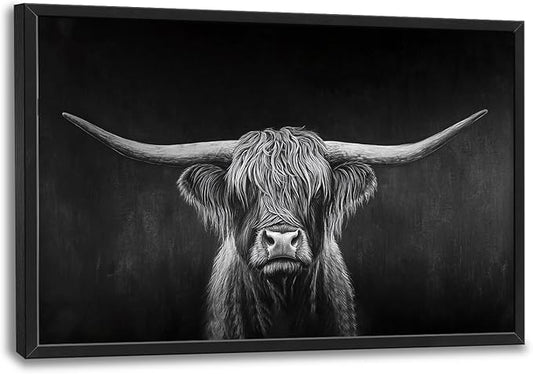 SweetFox Extra Large Highland Cow Framed Wall Art for Living Room, Black and White Longhorn Cattle Pictures Oversized Wall Decor Abstract Canvas Painting Print Artwork for Bathroom Bedroom 36L X 24W