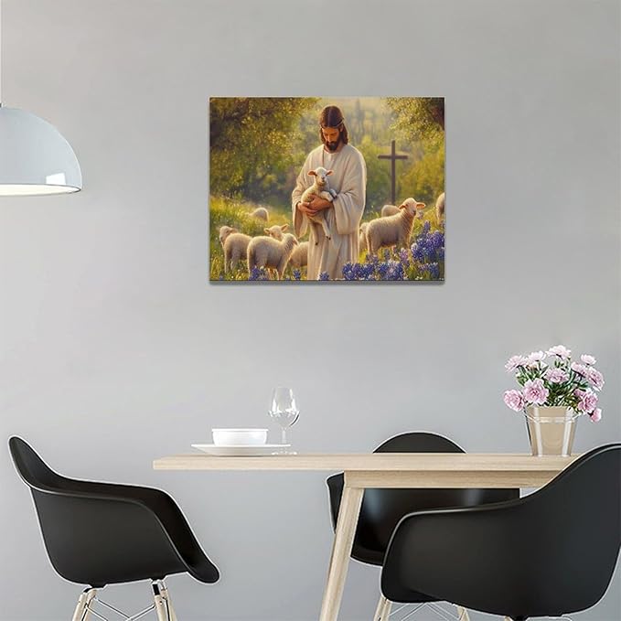 Fleruku Jesus Lamb Wall Art Christ Christian Wall Decor Jesus Religious Sign Pictures Canvas Painting Artwork Home Decorations for Living Room Bedroom Bathroom Office 16"x12"