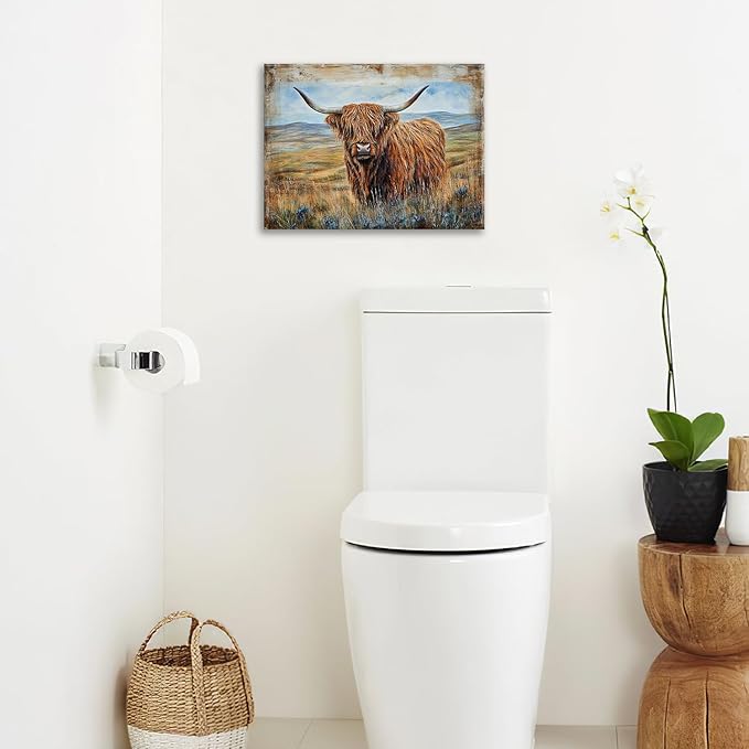 Olivine Highland Cow Wall Art, Rustic Farmhouse Cow Pictures Wall Decor, Country Painting Canvas Prints, Framed Artwork for Bathroom Bedroom Living Room Office Home Decoration 24"x20"
