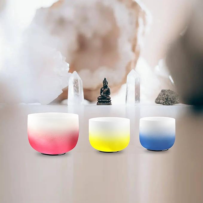 8-12 Inch Set of 3 Gradient Design Quartz Crystal Singing Bowl Chakra Set with Free Carrying Case and Suede Sticker & O-ring