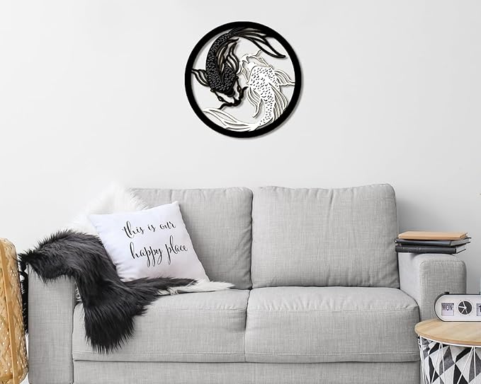 Creoate Home Decor Wall Art Wooden Koi Fish, Black and White Yin Yang Themed Zen Wall Mount Plaque Decor for Yoga Room Bathroom Living Room Farmhouse, 12x12 inches