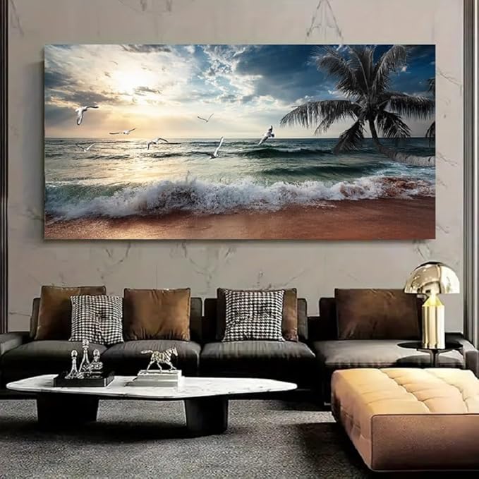 Yxbhhym Large Beach Ocean Canvas Wall Art Coast Sunset Sea Paintings Poster Seascape Picture Palm Artwork for Living Room Bedroom Home Decorations Wall Room Decor Modern Framed 24x48inches