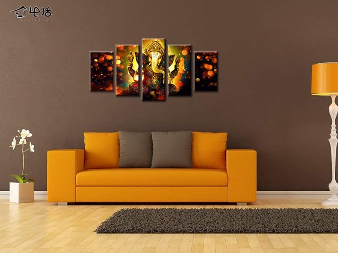 DJSYLIFE Hindu God Ganesha Wall Art Canvas Printed for Living Room Decorative Painting Modern Home Decor 5pcs HD Print Lord Ganesha Elephant Picture Art Wall Framed Ready to Hang (40" W x 22" H)