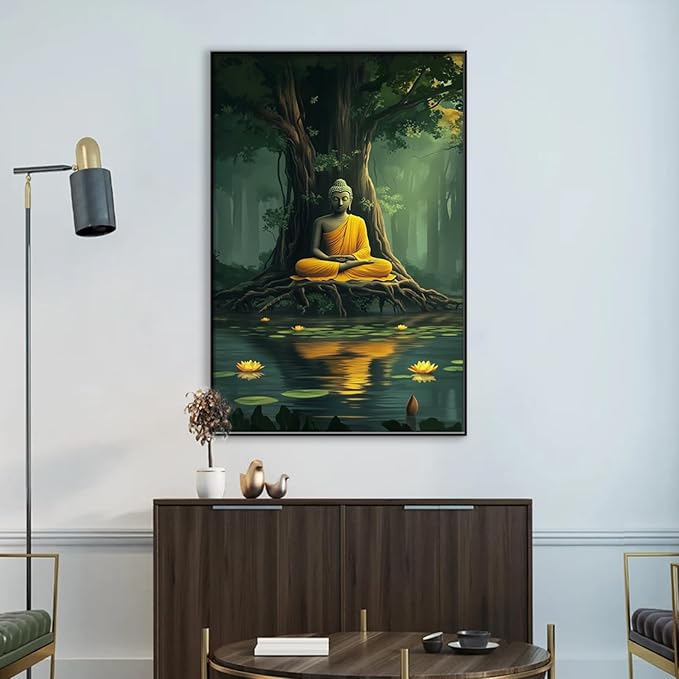 Buddha Canvas Wall Art, Buddha in the Green Jungle Painting Print Poster, Zen Statue Art Pictures Artwork, Meditation Buddhism Wall Decor for Yoga Room, Living Room (Black Framed, 20x30in|51x76cm)