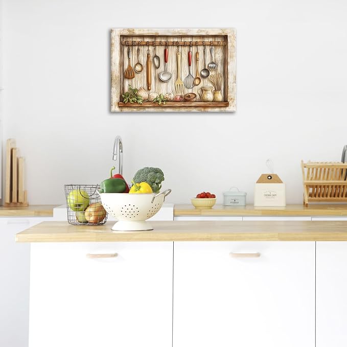 Olivine Kitchen Wall Art, Farmhouse Kitchen Pictures Wall Decor, Rustic Kitchenware Painting Canvas Prints,Framed Artwork for Dining Room Living Room Office Home Decoration 24"x16"