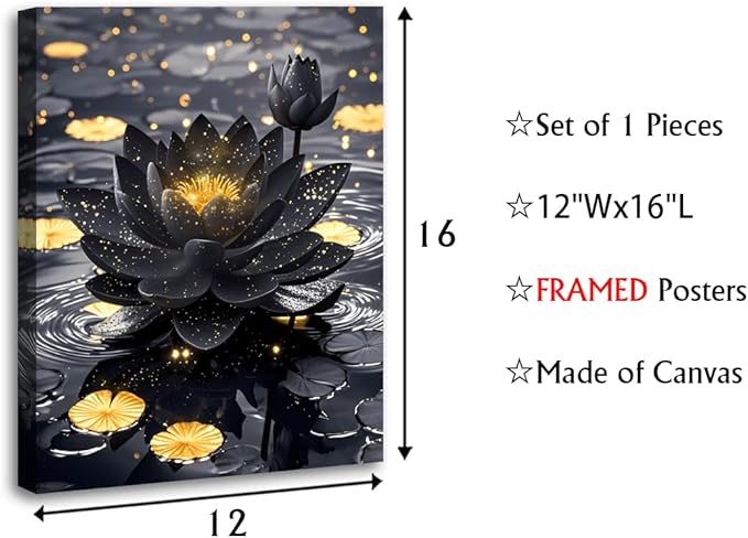 Lotus Floral Wall Art for Zen Office Decor Wall Art,Framed Black and Gold Lotus Flower Painting Artwork,Modern Meditation Poster Yoga SPA Room Bathroom Home Decor(12"x16")