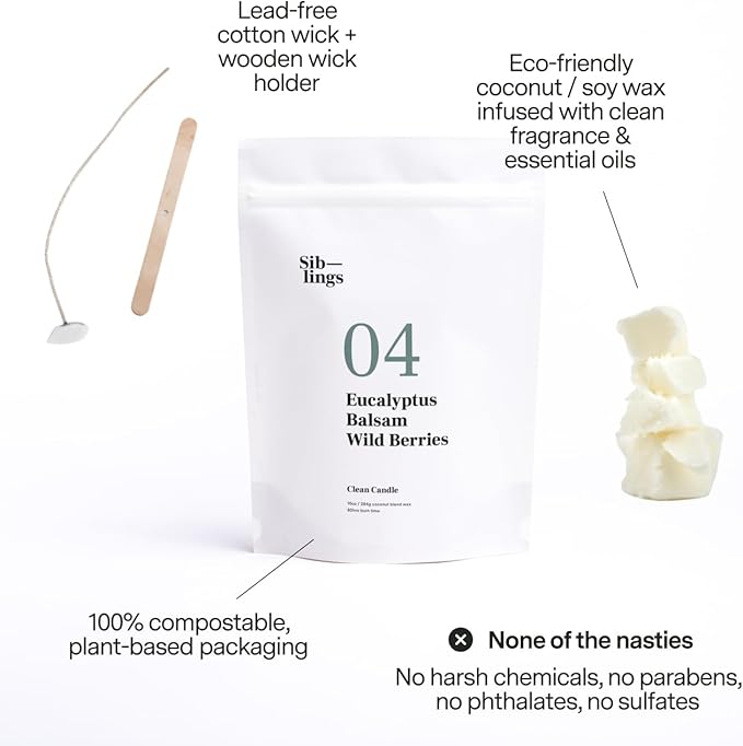 Siblings Candle Making Kit | DIY Coconut-Soy Wax Candle Kit with Wooden Wick | Scent No 04: Eucalyptus, Balsam, Wild Berries | Clean, Non-Toxic, Reusable, 60 Hr Burn