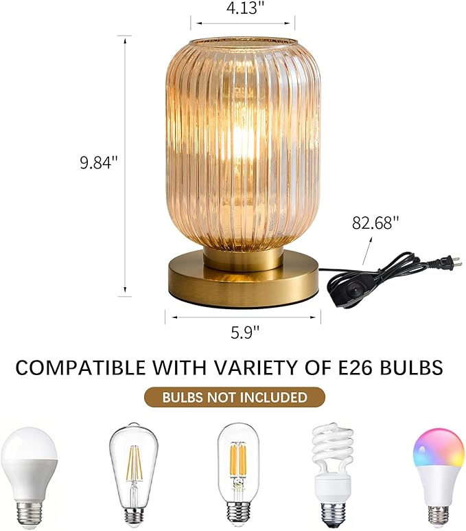 Glass Table Lamps Mid Century Modern Globe, Dimmable Amber Glass Table Lamp for Nightstand, Small Gold Table Lamp, Amber Pumpkin Design Ribbed Vintage Bedside Lamp for Bedroom Living Room Office