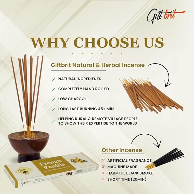 Giftbrit French Vanilla Fragrance Natural & Herbal Incense Sticks 100 Sticks with Incense Holder for Meditation, Yoga, Church, Relaxation, Healing and Positivity