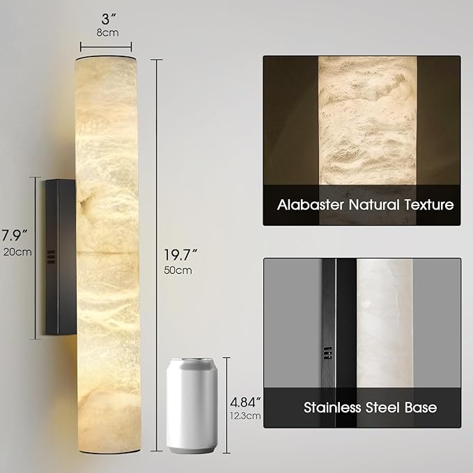 Alabaster Wall Sconces, Spanish Natural Marble Wall Sconce, 20" Bronze Wall Sconce for Bathroom, Modern Alabaster Sconces Wall Lighting Dimmable, Marble Wall Lamp for Living Room, Bedroom, Hallway