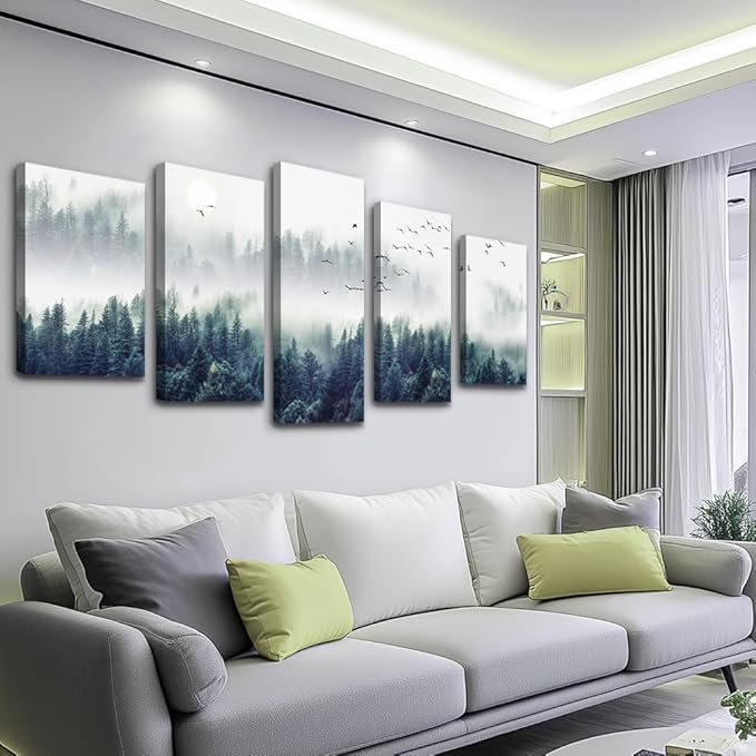 Canvas Wall Art For Living Room Wall Decorations For Bedroom Modern Office Wall Decor Foggy Forest Trees Landscape Paintings Stretched And Framed Ready To Pictures Home Decor 5 Piece Set W60”x H30”