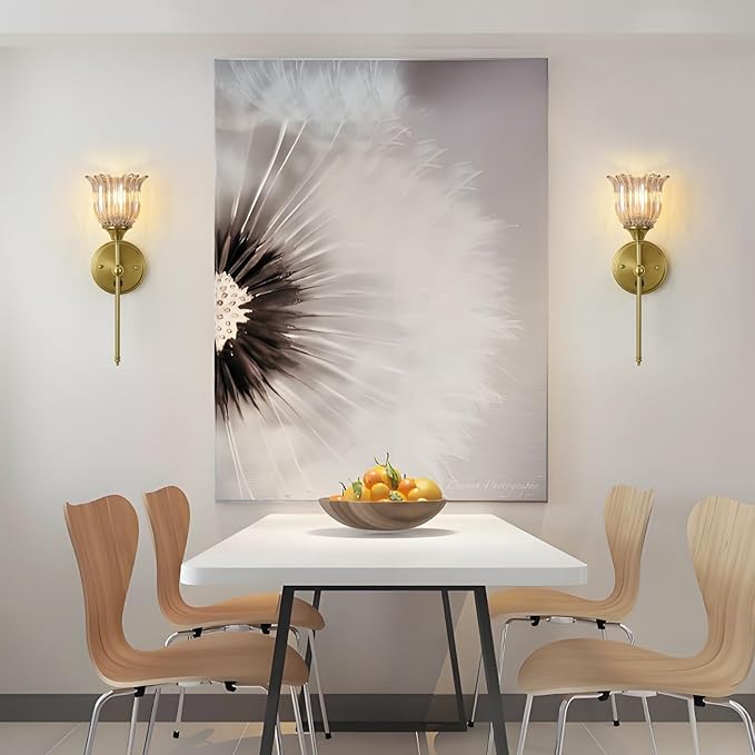 Modern Wall Sconces Set of 2 with Amber Flower Glass Shade, Mid Century Bathroom Vanity Wall Light Fixtures Gold Vintage Wall Lights with Switch for Mirror Bedroom Living Room