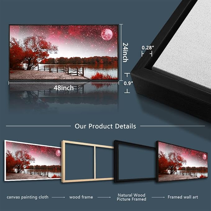 Framed Canvas Wall Art For Living Room Large Size Wall Decor For Bedroom Red Tree Moon Wall Pictures Starry Sky Landscape Wall Painting Office Decor Girl'S Room Home Decoration Black Framed 24" X 48"