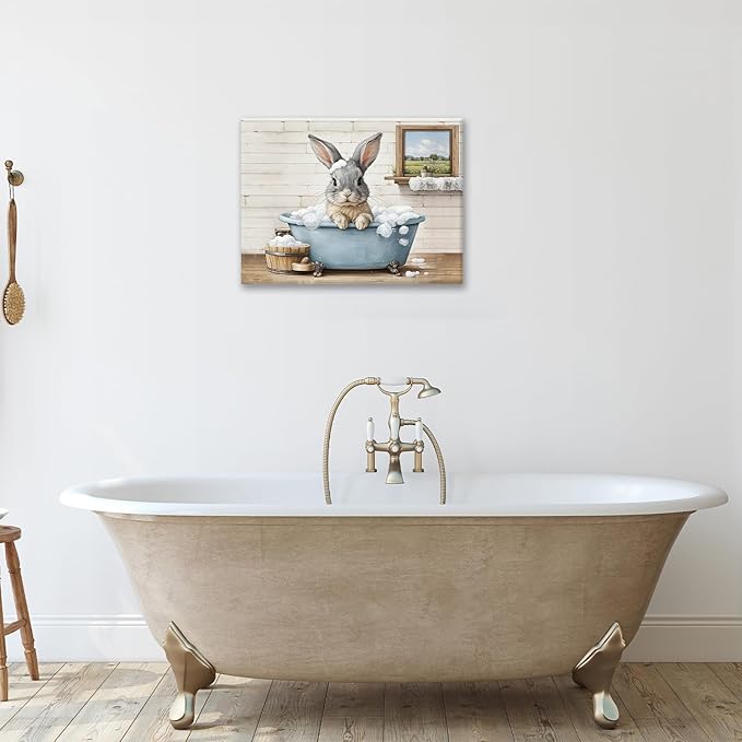 Farmhouse Bunny Bathroom Decor Wall Art Rabbit Pictures Canvas Prints Rustic Country Bathroom Painting Artwork Easter Decoration Framed Gifts for Women Girl Restroom Toilet 16"x24"