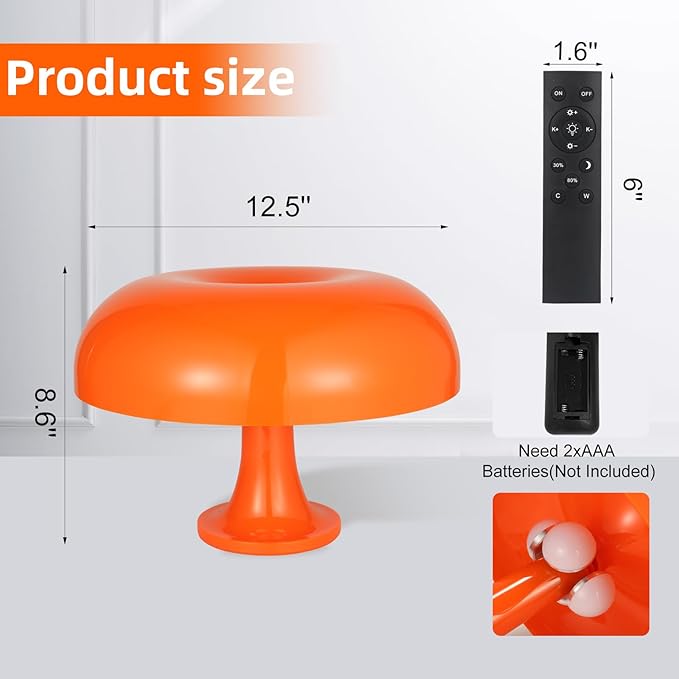 Orange Mushroom Table Lamp, Dimmable with 3 Lighting Settings, Retro Mushroom Shade Shaped Desk Lamp, Suitable for Bedroom, Living Room, Perfect for Aesthetic Mid Century Modern Decor