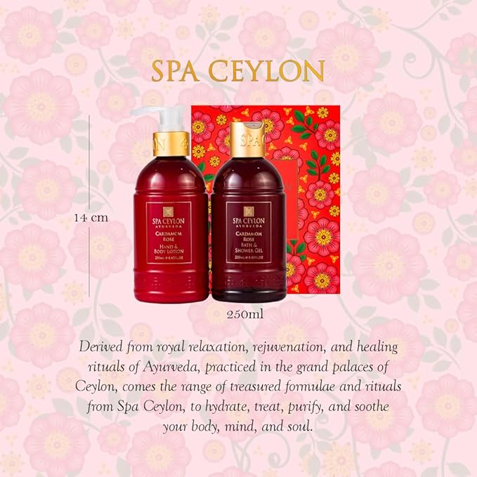 Spa Ceylon Cardamom Rose Bath and Body Duo Set Luxury Gentle Body Wash and Lotion Set with Organic Natural Ingredients | Aromatherapy Bath Set | 250ml x 2
