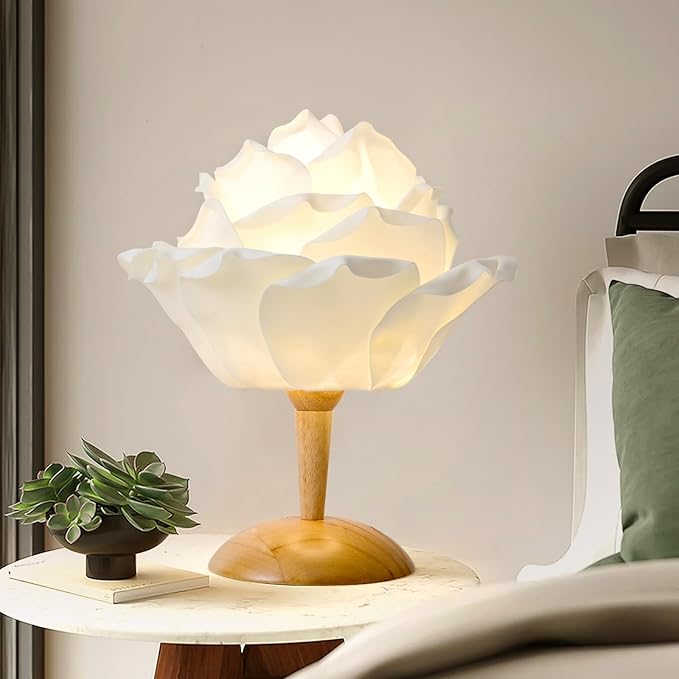 White Flower Table Lamp Creative Lotus Desk Lamp for Bedroom Modern Fabric Nightstand Light Bedside Lamp for Wedding Decor Living Room Study Rooms Restaurants Hotel