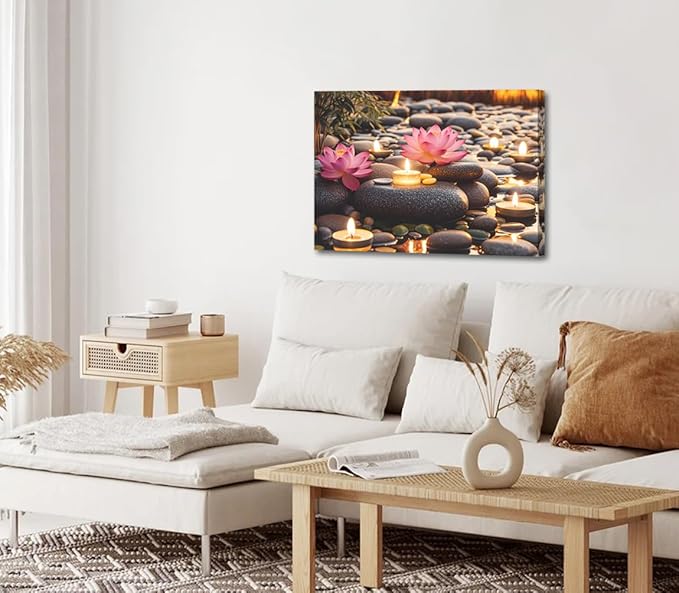 Zen Water Lily Canvas Wall Art,Pink Floral and Yellow Candle on Stone Bedroom Wall Decor,Modern Spiritual Yoga Spa Painting Picture Artwork for Zen Office Decor Bathroom Home(12"x16"Framed)