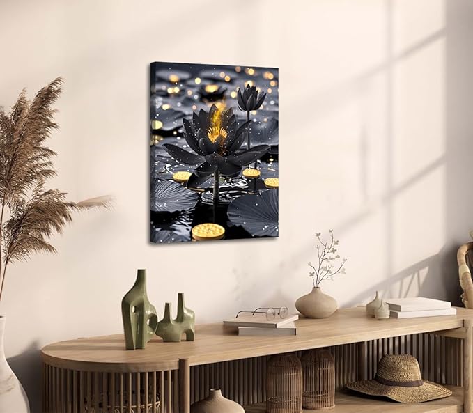 Framed Black and Gold Lotus Floral Wall Art Prints,Black Lotus Art Blooming in Water for Zen Office Decor Wall Art,Modern Meditation Poster Yoga SPA Room Bathroom Home Decor(12"x16")
